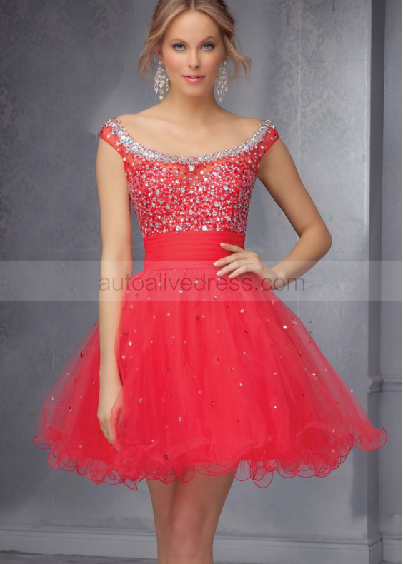 Tulle Beaded Scoop Neckline Key Hole Back Knee Length Prom Dress